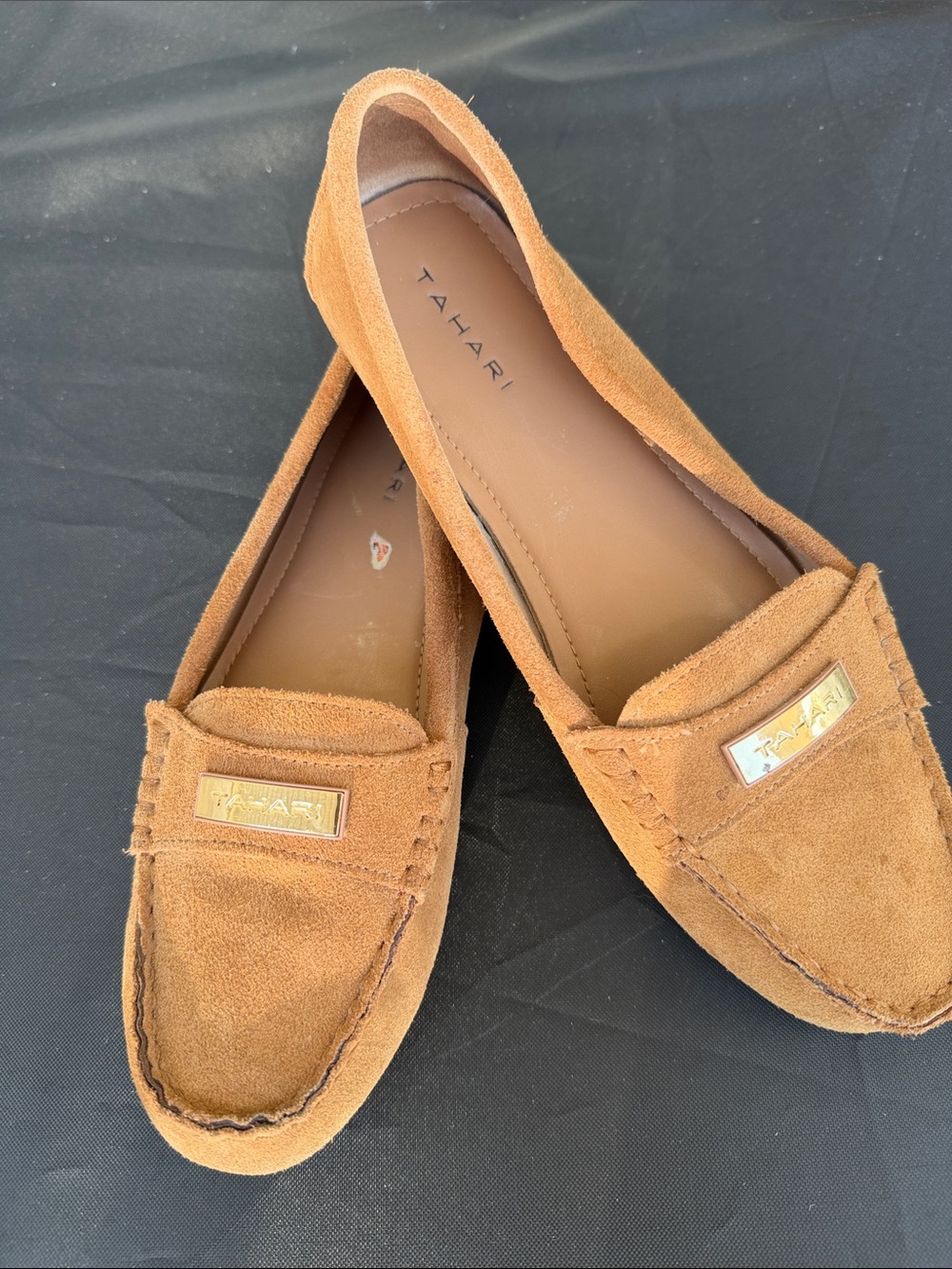 Tahari Cognac Suede Penny Loafers with Gold Plaque